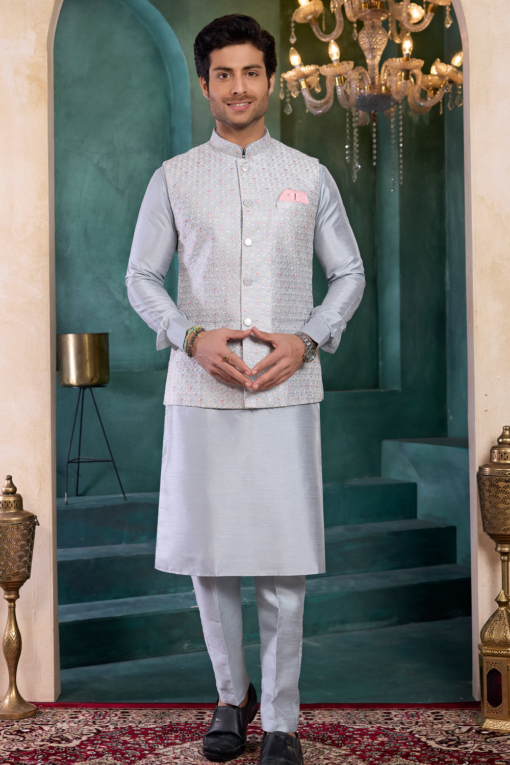 Grey Art Silk Nehru Jacket (NMK-8807)