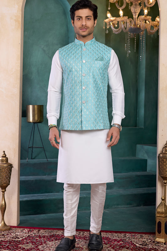 Blue Art Silk Nehru Jacket (NMK-8809)