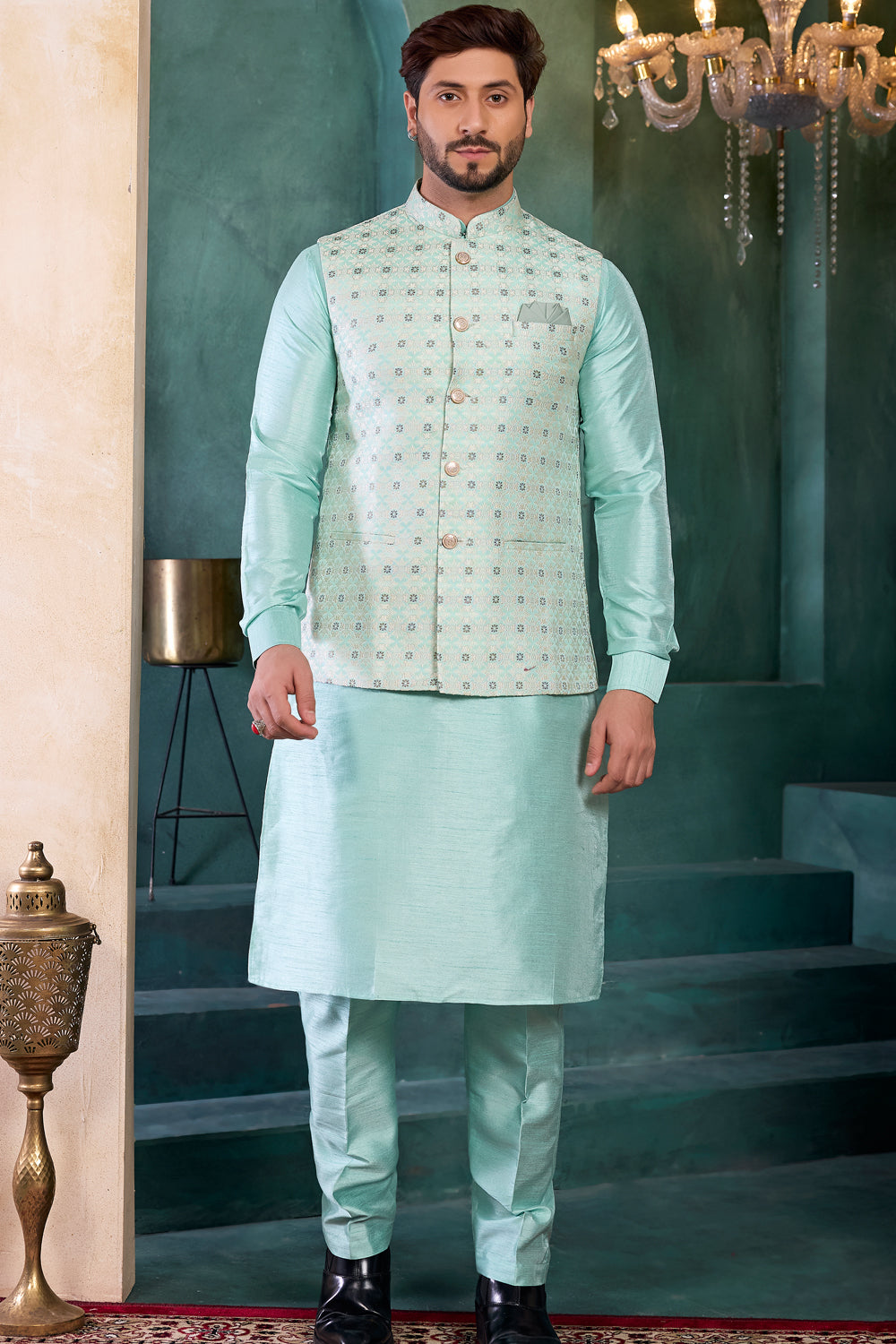 Blue Jaquard Nehru Jacket (NMK-8811)