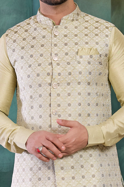 Pista Green Jaquard Nehru Jacket (NMK-8812)