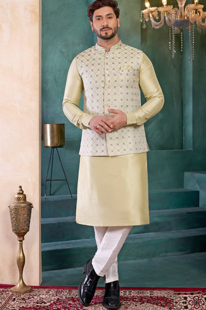 Pista Green Jaquard Nehru Jacket (NMK-8812)