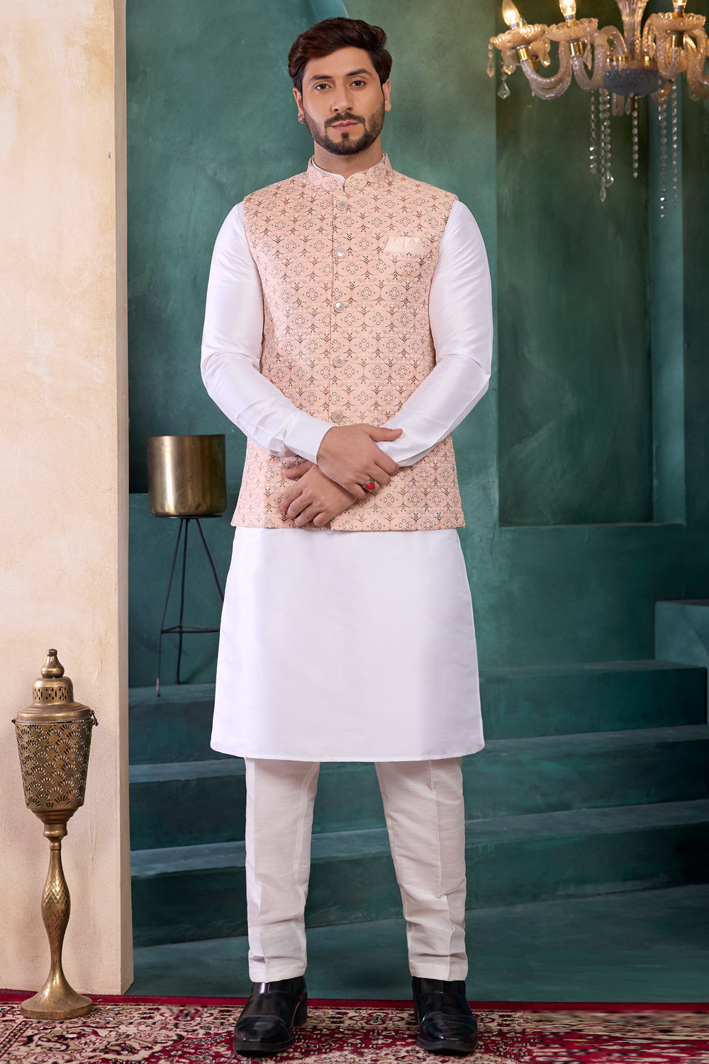 Peach Jaquard Nehru Jacket (NMK-8814)