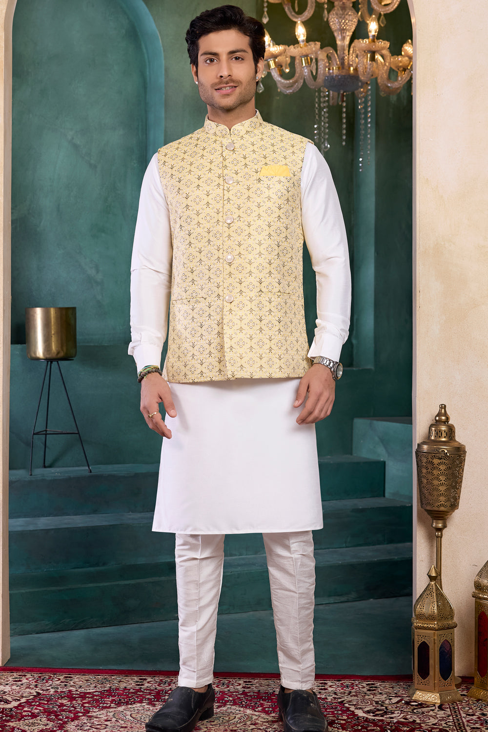 Yellow Jaquard Nehru Jacket (NMK-8815)
