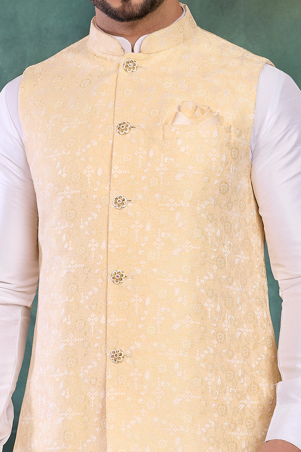 Yellow Jaquard Mens Nehru Jacket (NMK-8816)