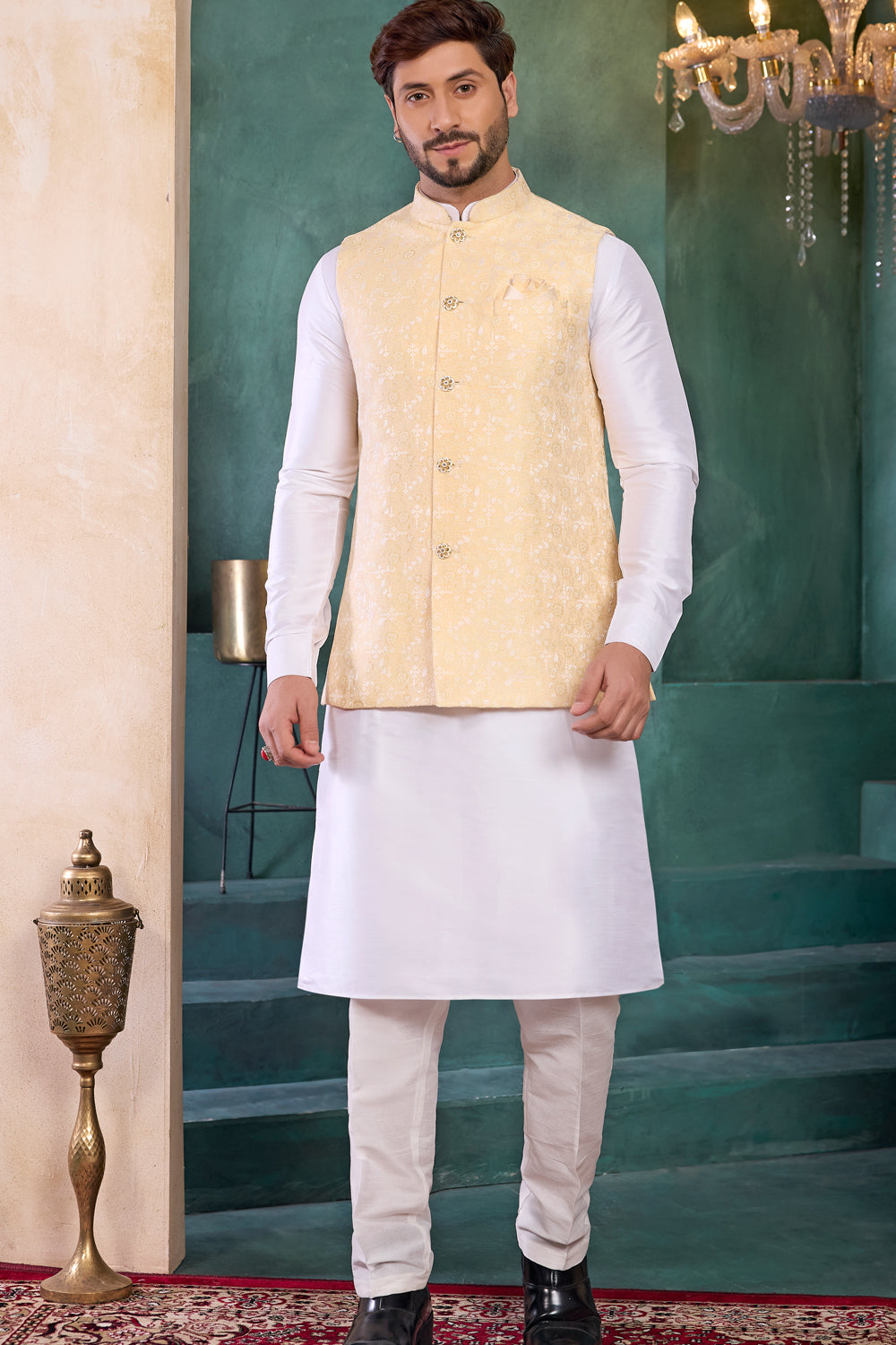 Yellow Jaquard Mens Nehru Jacket (NMK-8816)