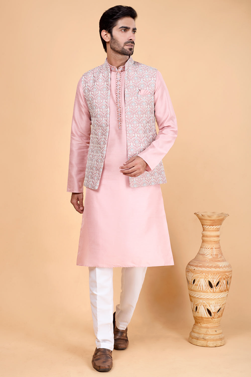 Pink Art Silk Nehru Jacket for Men (NMK-8819)