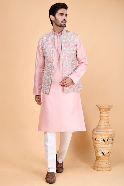 Pink Art Silk Nehru Jacket for Men (NMK-8819)