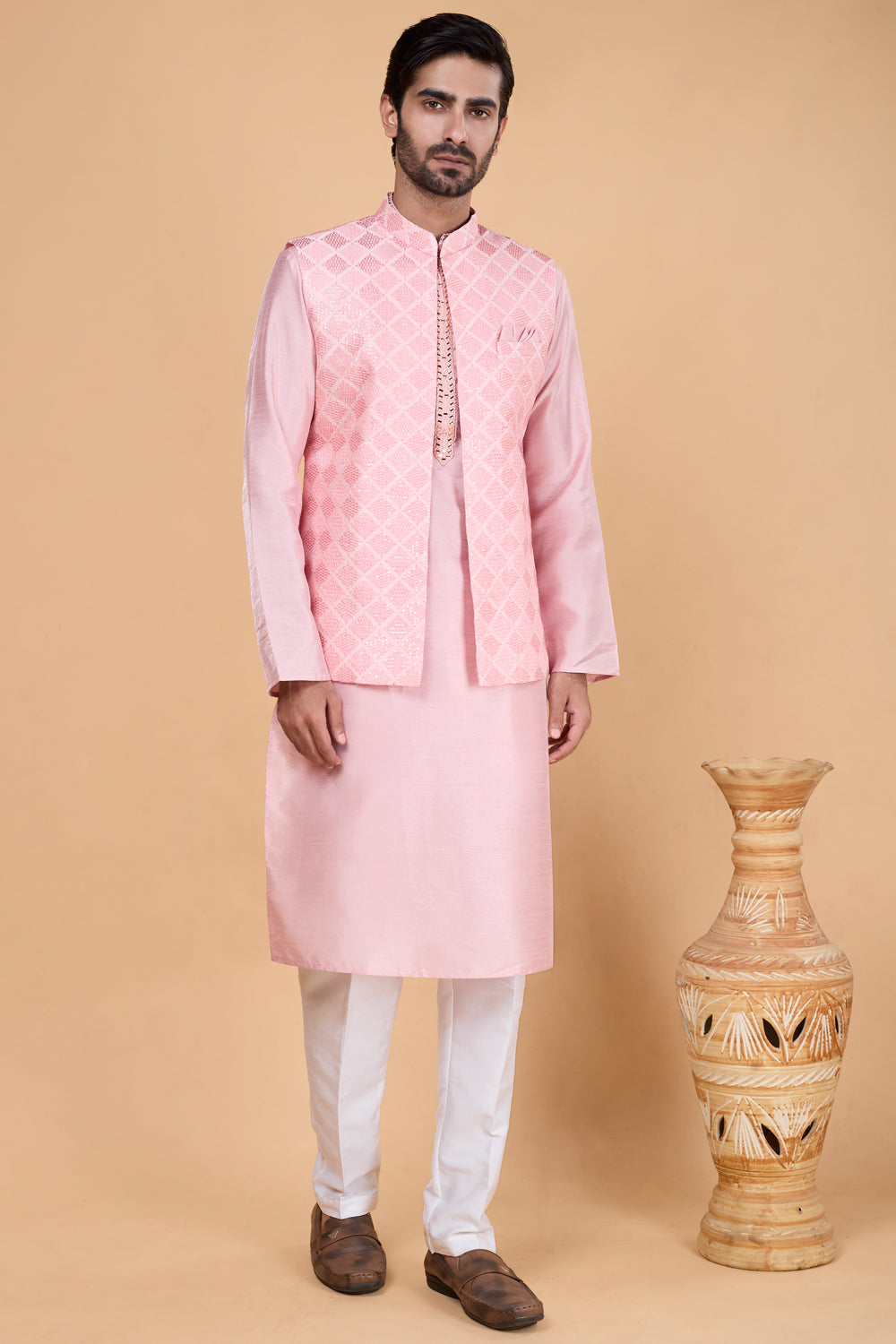 Pink Art Silk Embroidered Nehru Jacket (NMK-8821)