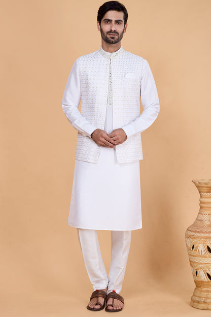 Off White Art Silk Nehru Jacket (NMK-8822)
