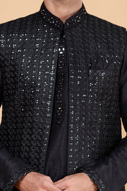 Black Art Silk Nehru Jacket (NMK-8823)