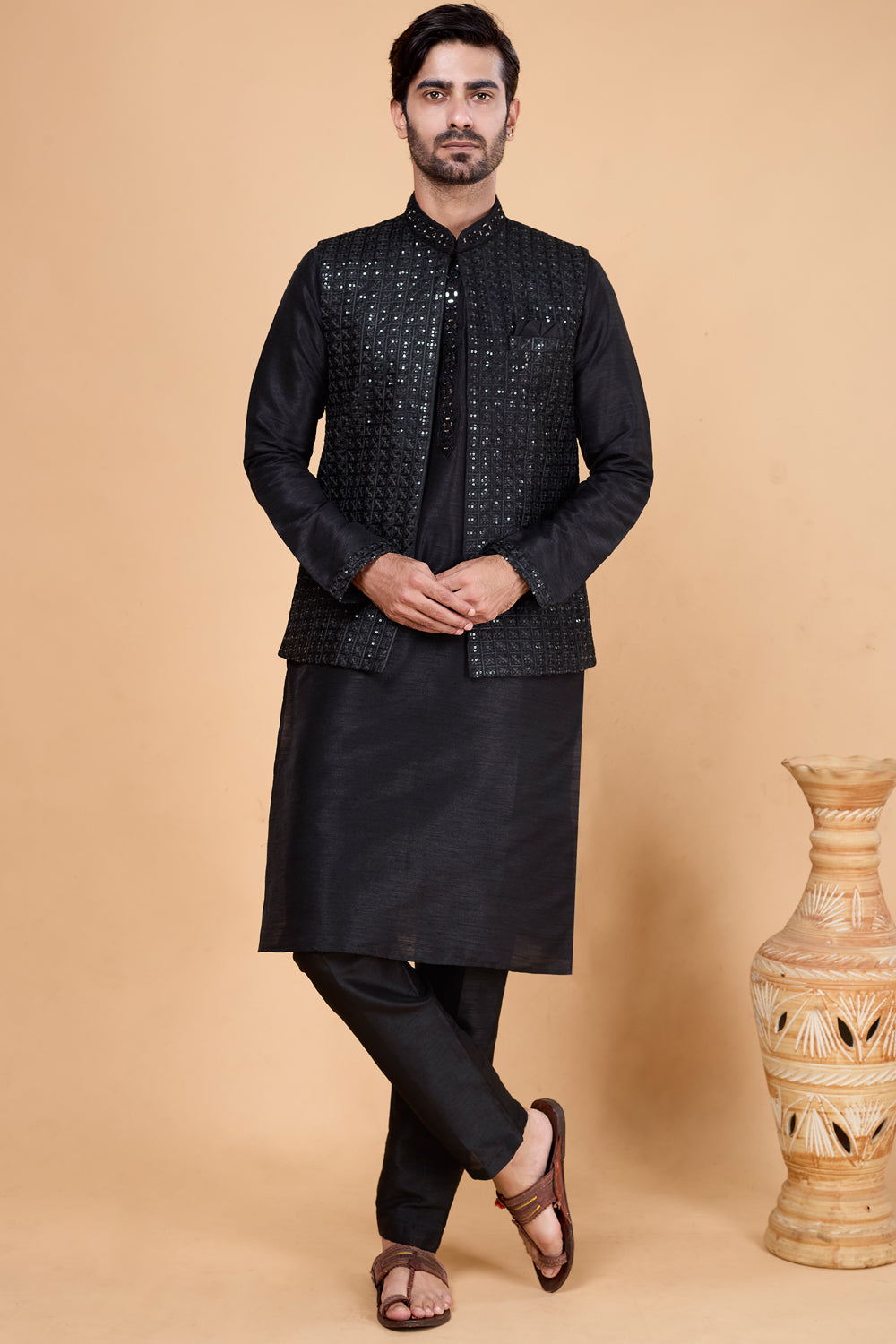 Black Art Silk Nehru Jacket (NMK-8823)