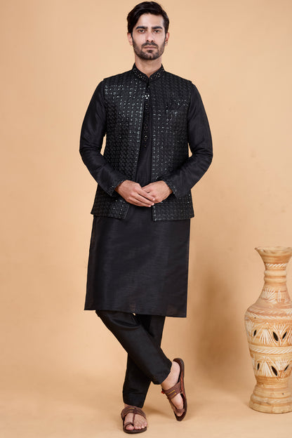 Black Art Silk Nehru Jacket (NMK-8823)