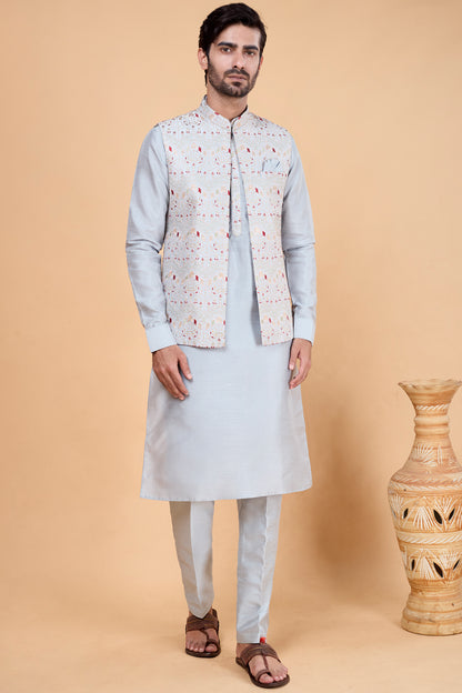 Grey Art Silk Mens Nehru Jacket (NMK-8824)