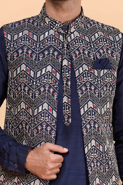 Navy Blue Art Silk Nehru Jacket (NMK-8825)
