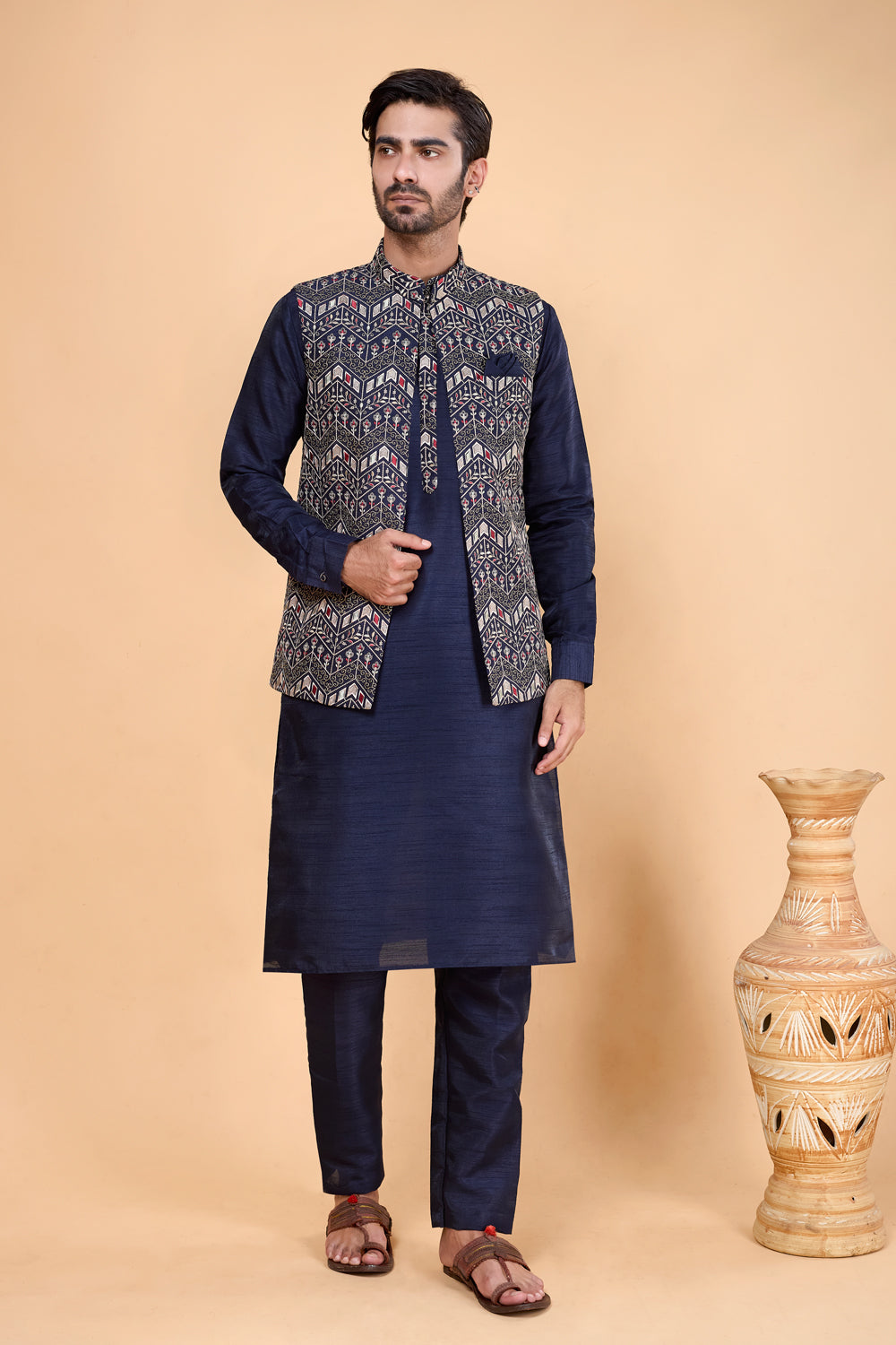 Navy Blue Art Silk Nehru Jacket (NMK-8825)