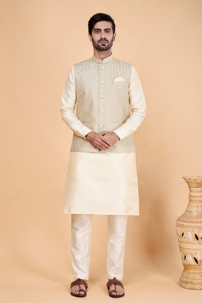 Cream Art Silk Nehru Jacket (NMK-8826)