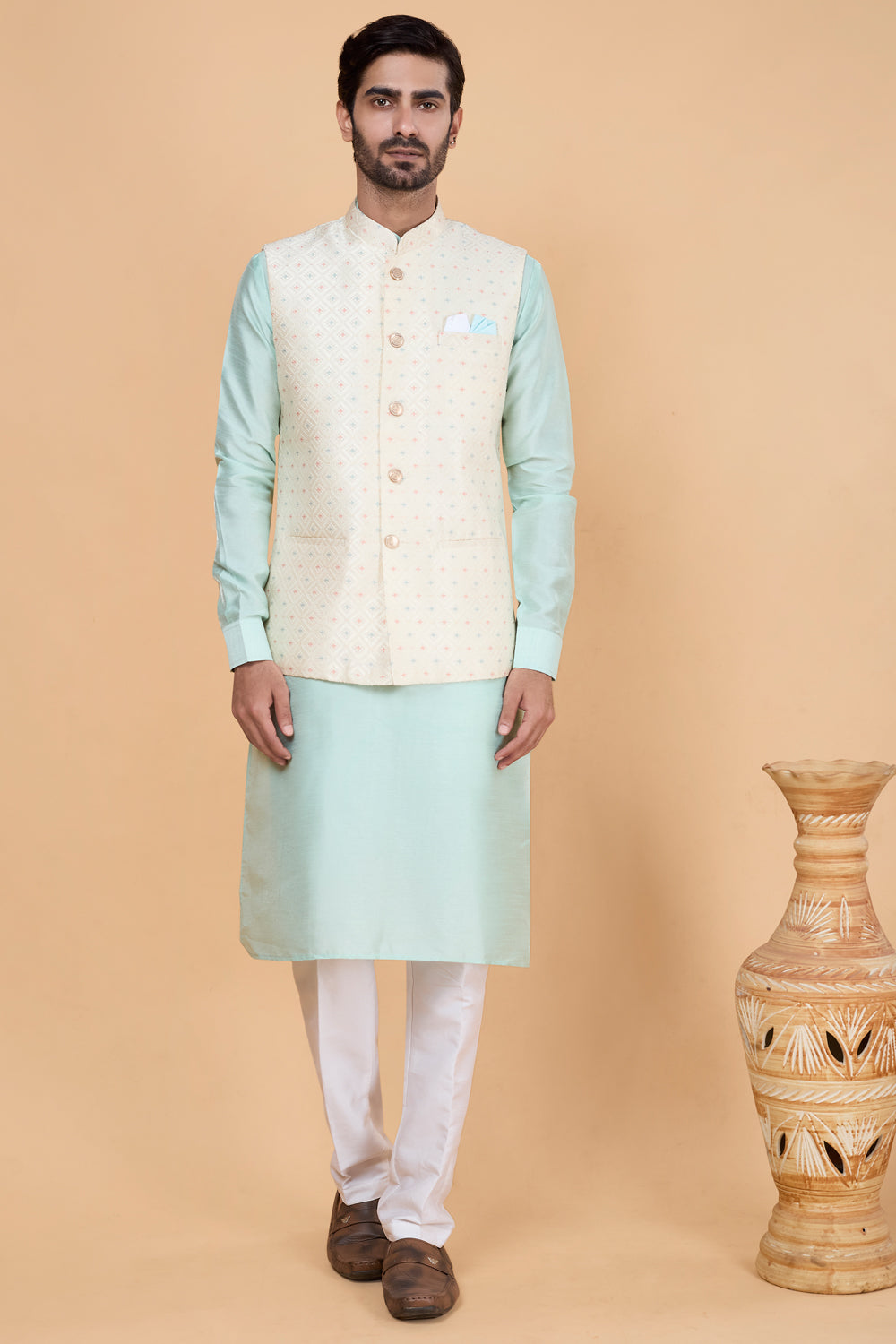 Sky Blue Jaquard Nehru Jacket (NMK-8827)