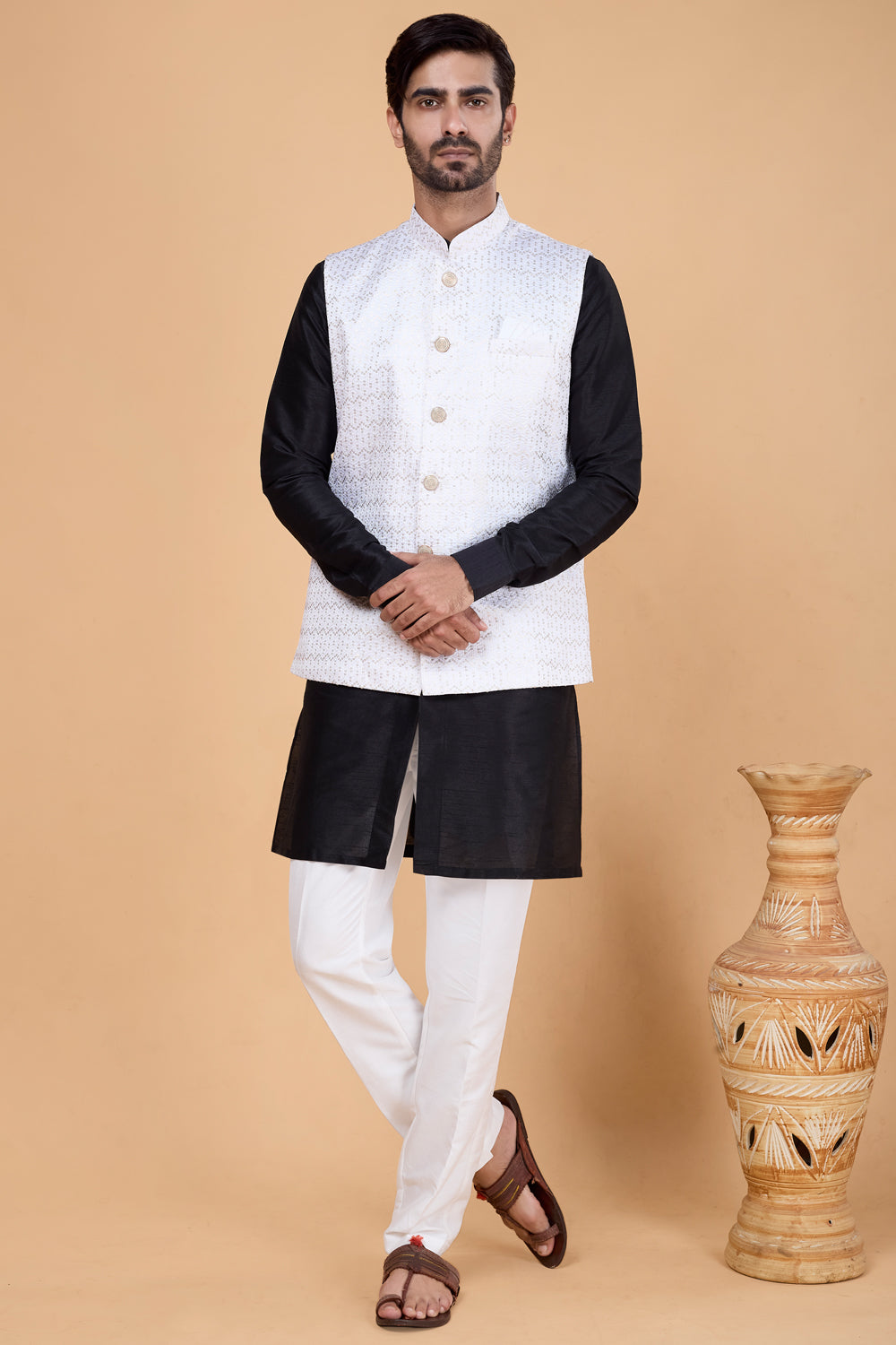 Off White Art Silk Nehru Jacket (NMK-8828)