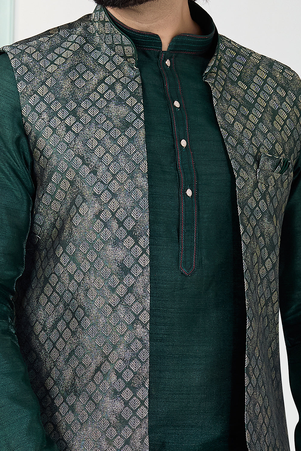 Green Jaquard Nehru Jacket (NMK-8829)