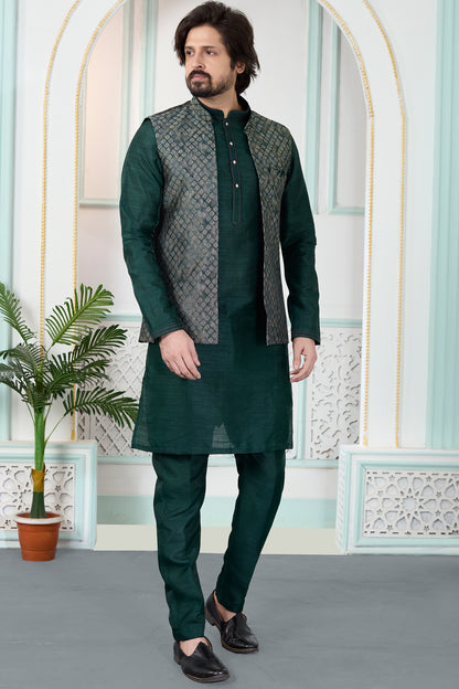 Green Jaquard Nehru Jacket (NMK-8829)
