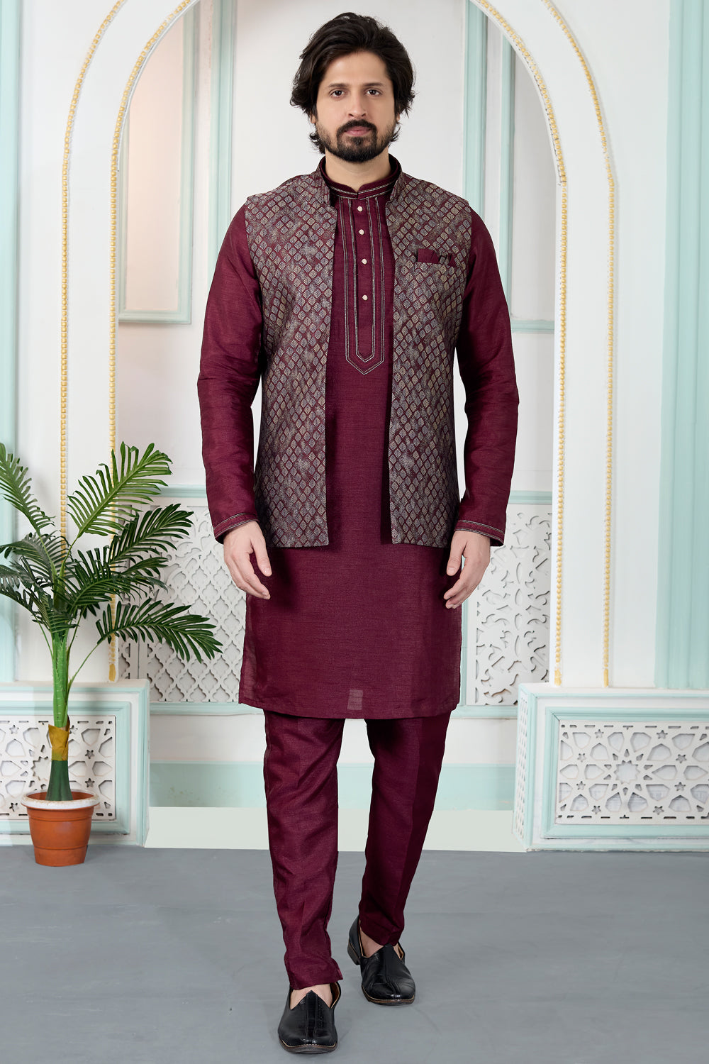 Maroon Jaquard Nehru Jacket (NMK-8830)