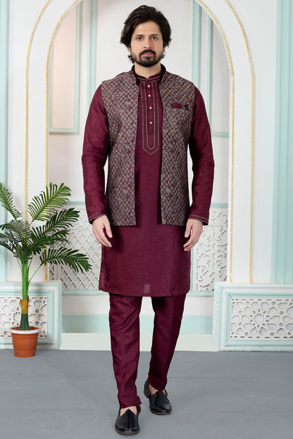 Maroon Jaquard Nehru Jacket (NMK-8830)