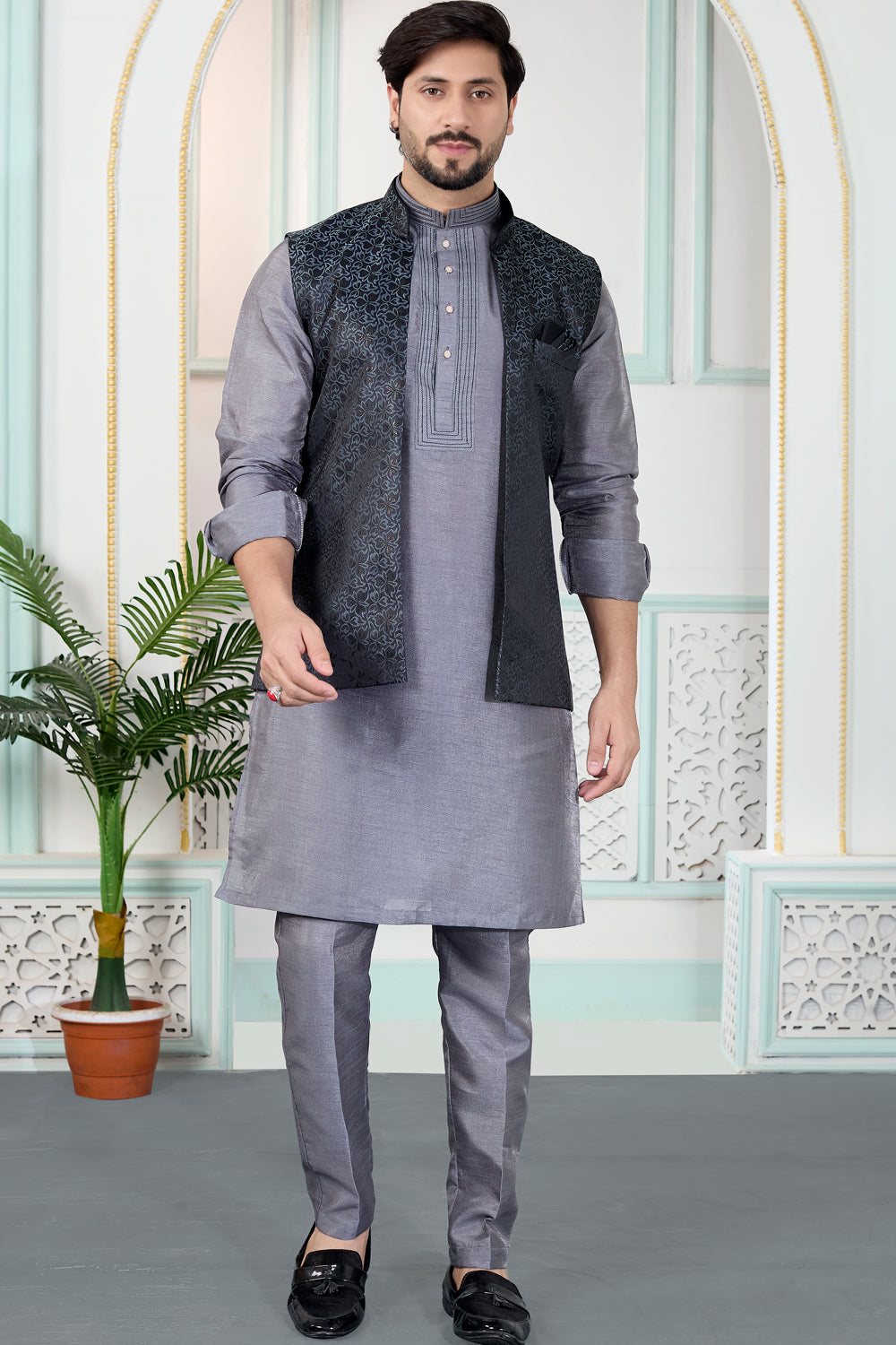 Grey Jaquard Nehru Jacket (NMK-8831)