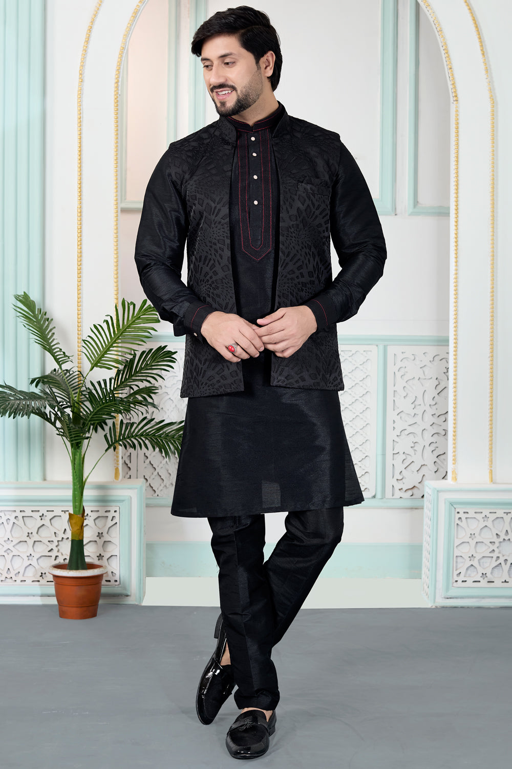 Black Jaquard Nehru Jacket (NMK-8833)