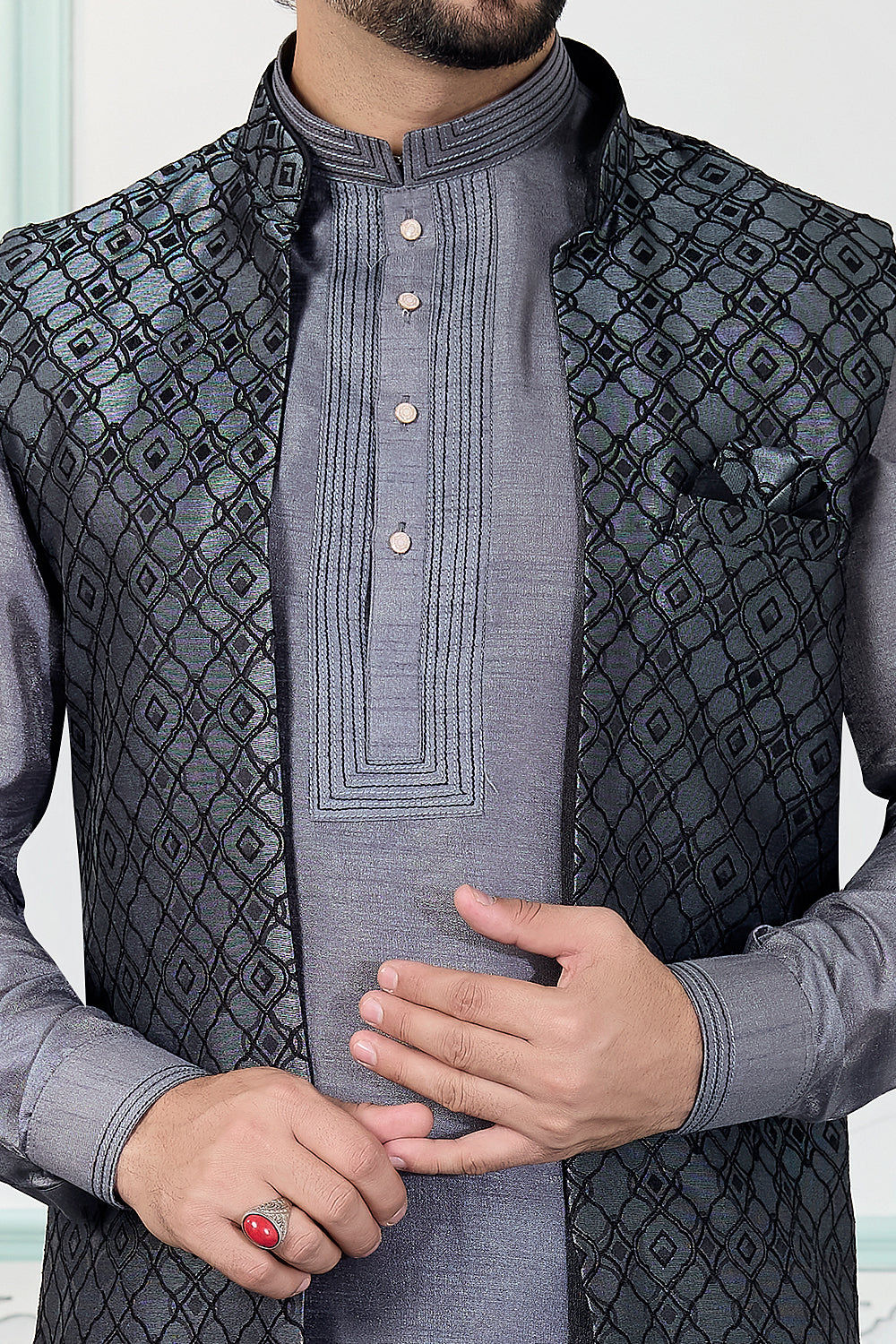 Grey Jaquard Mens Nehru Jacket (NMK-8834)