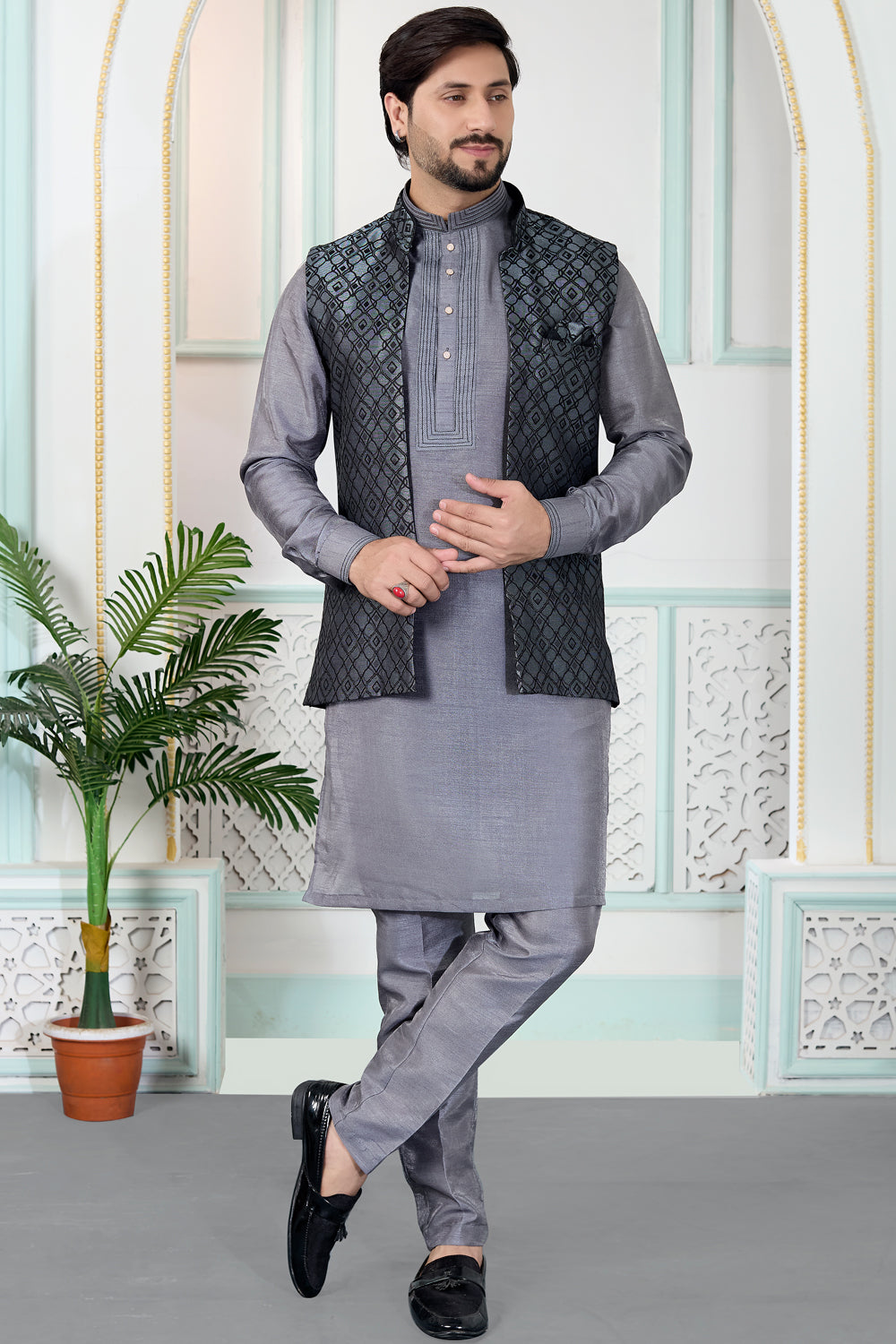 Grey Jaquard Mens Nehru Jacket (NMK-8834)