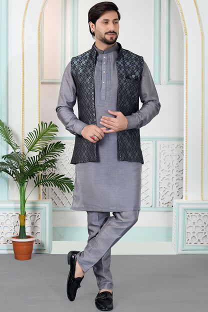 Grey Jaquard Mens Nehru Jacket (NMK-8834)