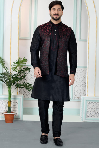Black Jaquard Mens Nehru Jacket (NMK-8835)