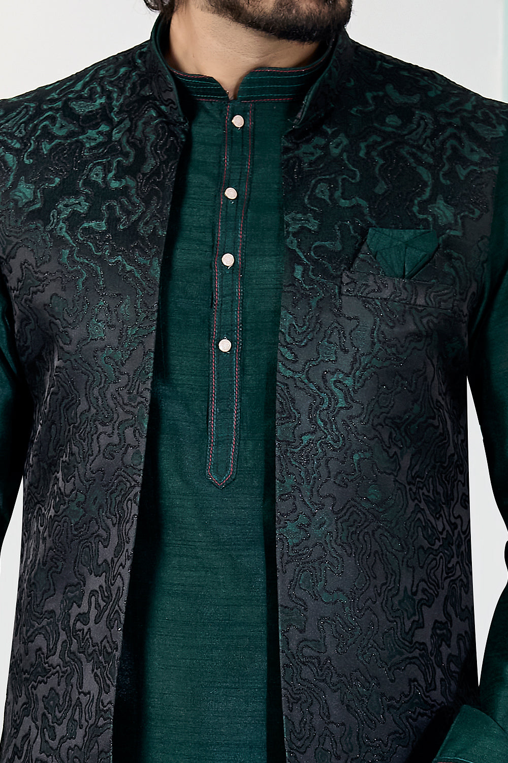 Green Jaquard Mens Nehru Jacket (NMK-8836)