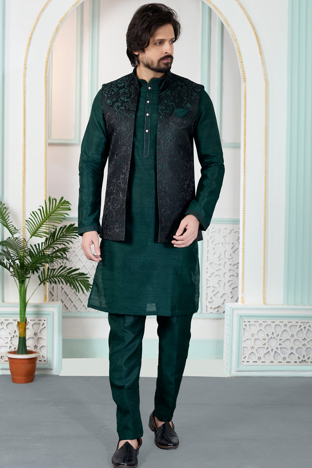 Green Jaquard Mens Nehru Jacket (NMK-8836)