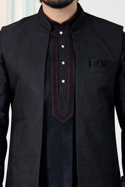 Black Jaquard Nehru Jacket for Men (NMK-8837)