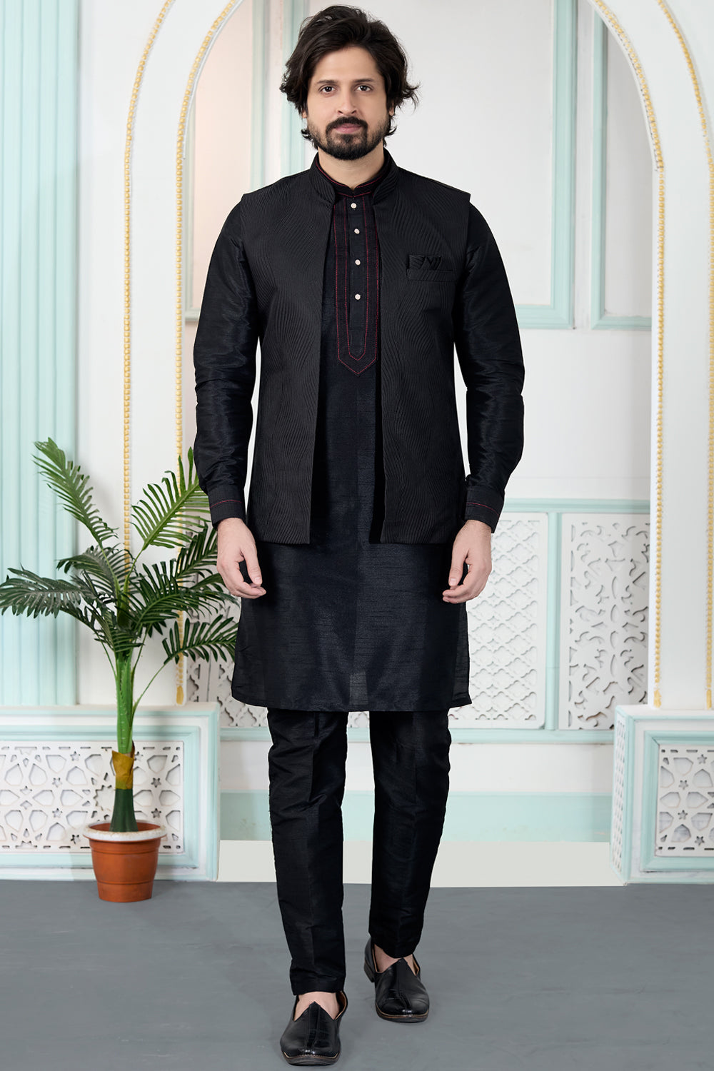 Black Jaquard Nehru Jacket for Men (NMK-8837)