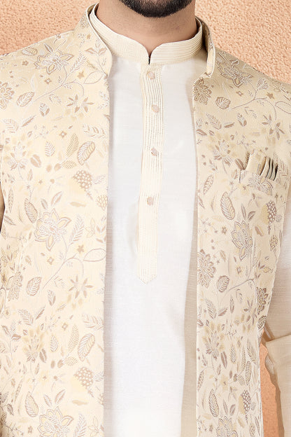 Beige Jaquard Nehru Jacket (NMK-8838)