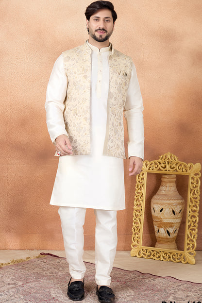 Beige Jaquard Nehru Jacket (NMK-8838)