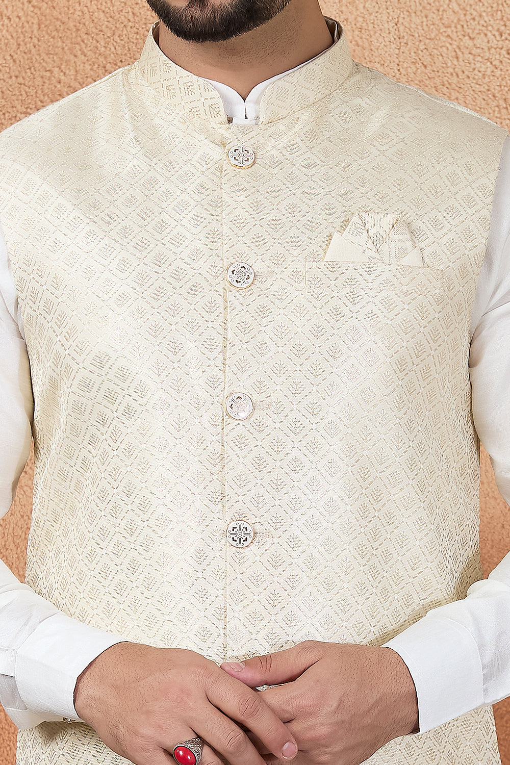 Cream Jaquard Nehru Jacket (NMK-8840)