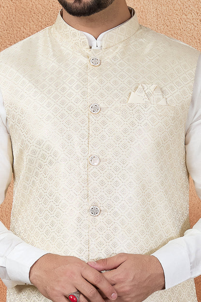 Cream Jaquard Nehru Jacket (NMK-8840)