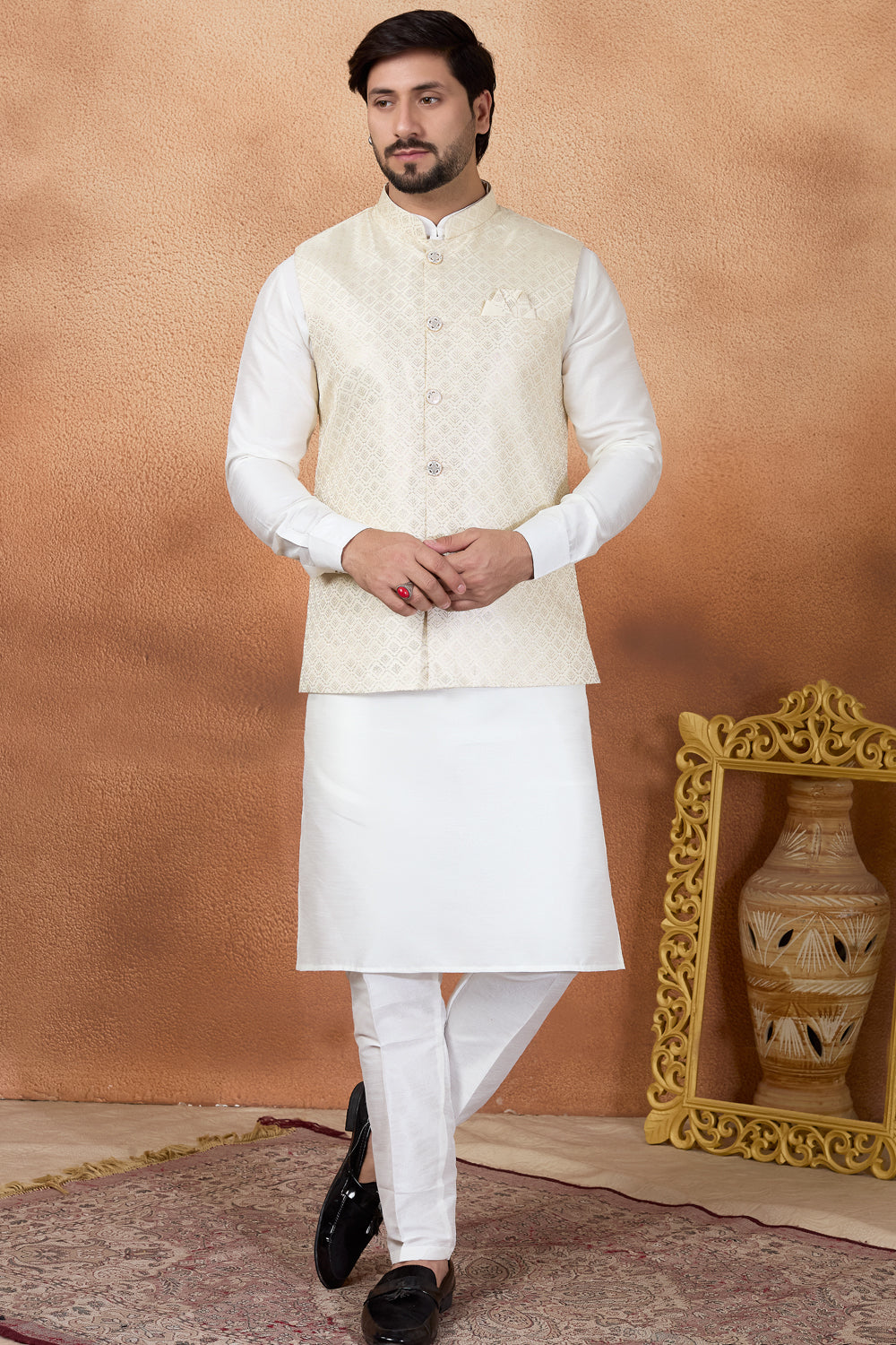 Cream Jaquard Nehru Jacket (NMK-8840)