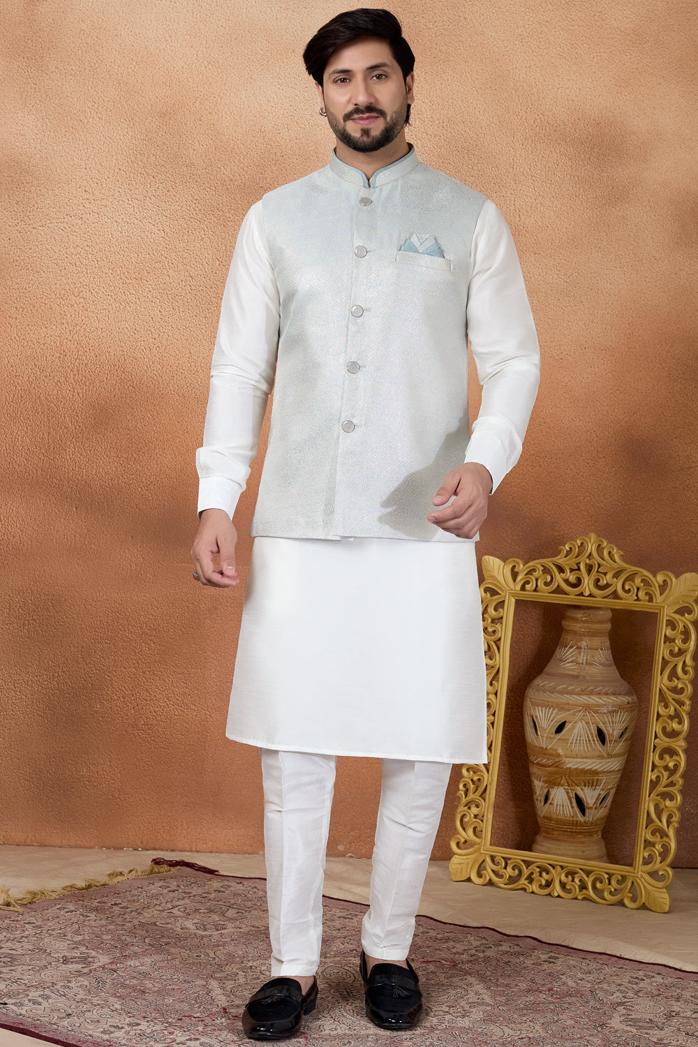 Blue Jaquard Mens Nehru Jacket (NMK-8842)