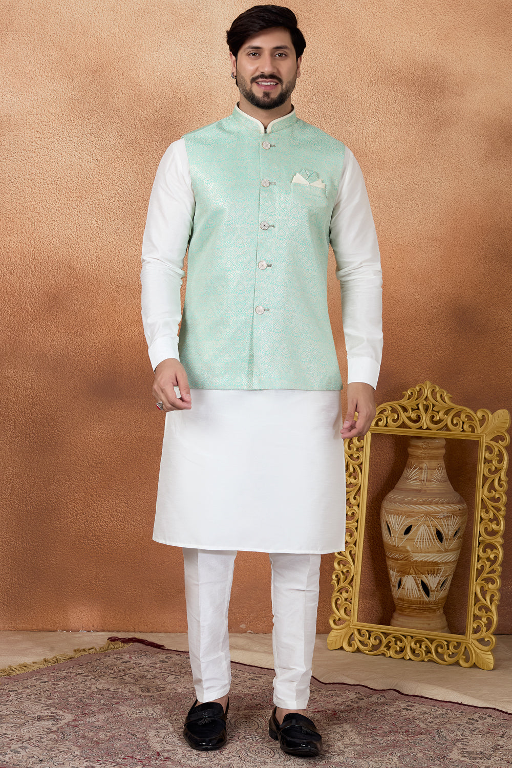 Green Jaquard Nehru Jacket (NMK-8843)