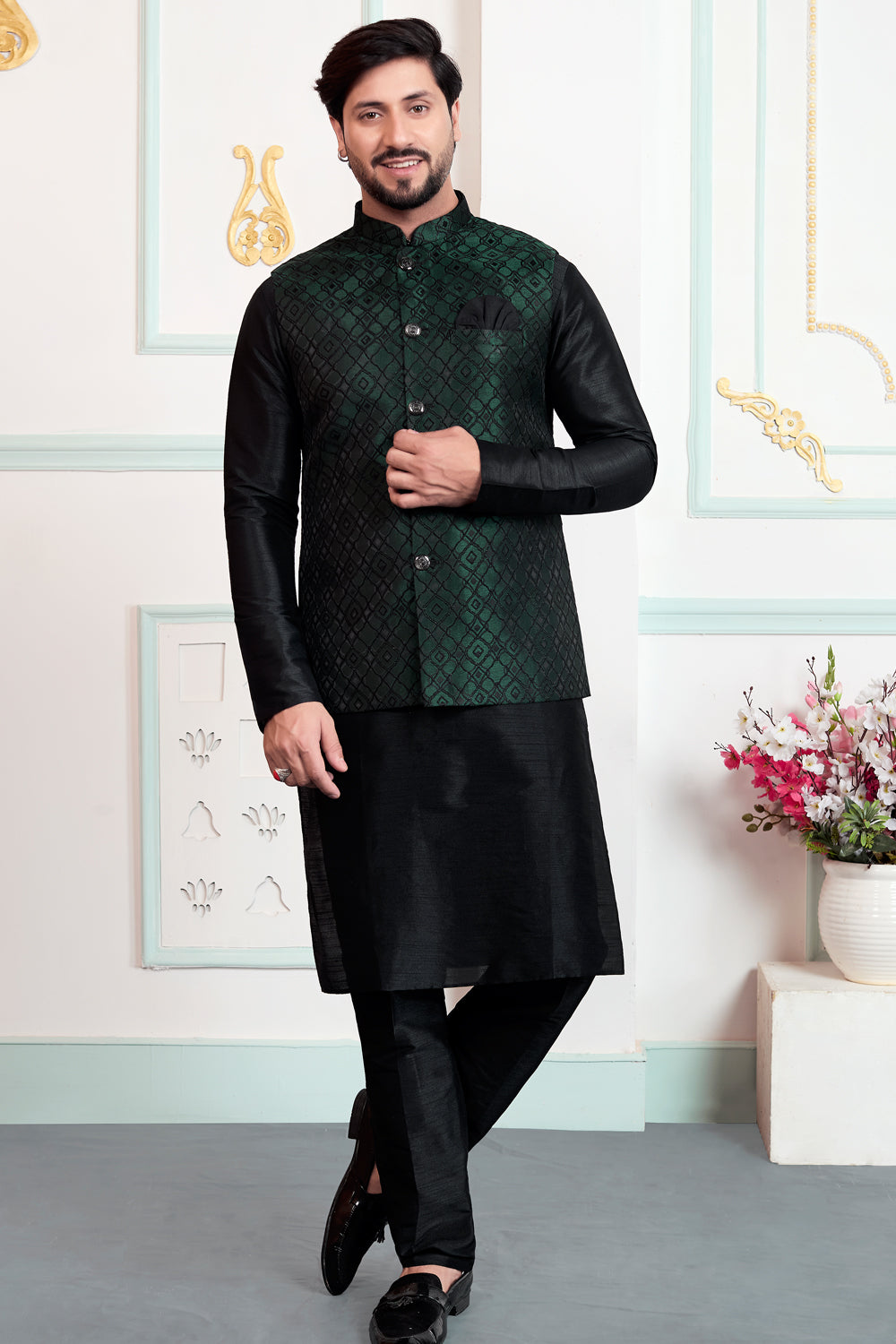 Black Jaquard Nehru Jacket (NMK-8845)