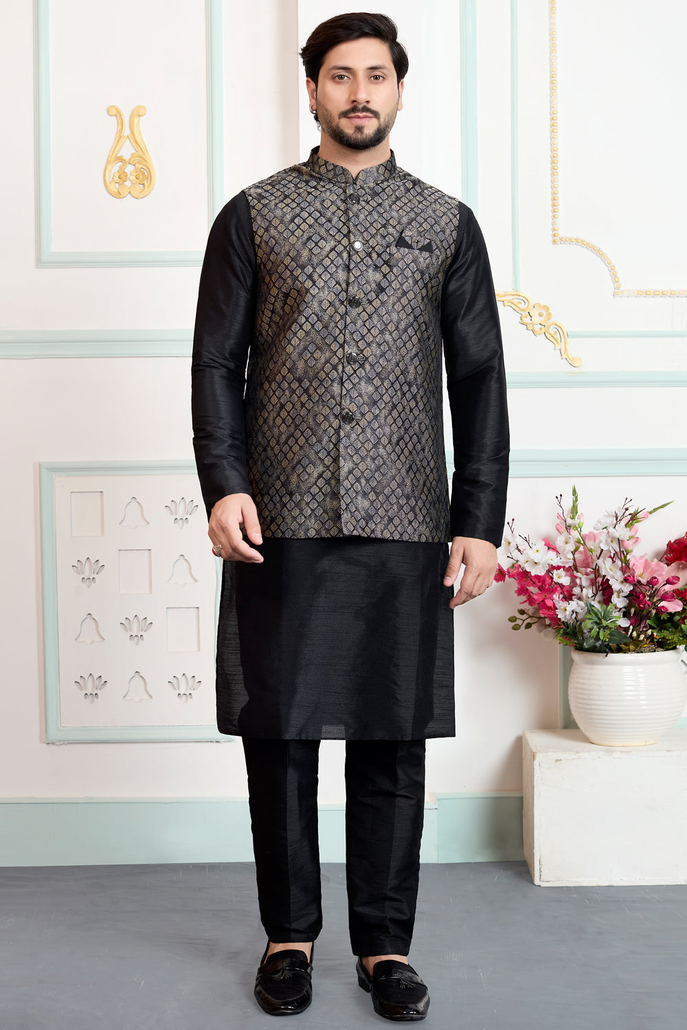 Black Jaquard Mens Nehru Jacket (NMK-8846)