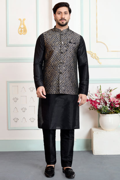 Black Jaquard Mens Nehru Jacket (NMK-8846)