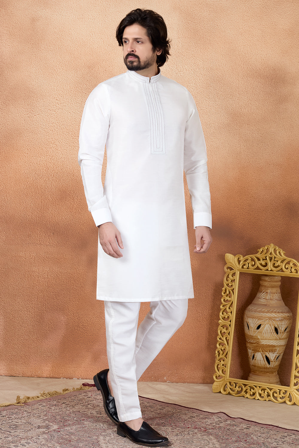 Off White Art Silk Kurta Pajama (NMK-8847)