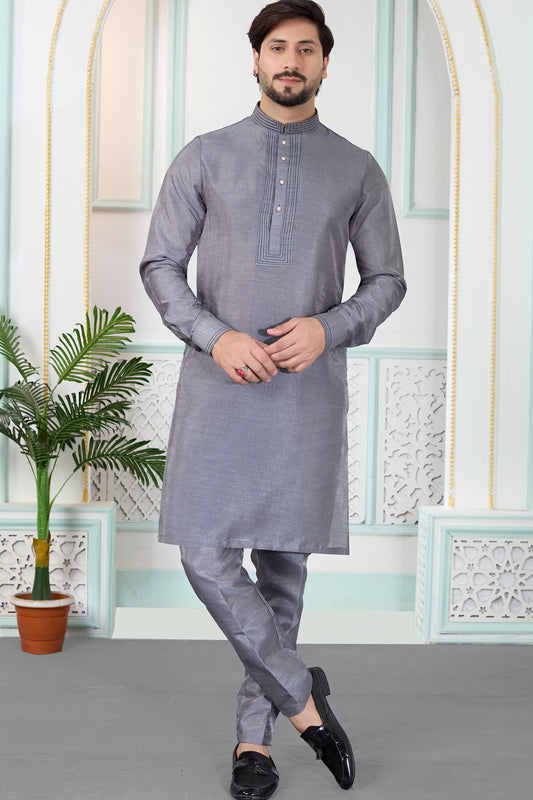 Grey Art Silk Kurta Pajama (NMK-8851)