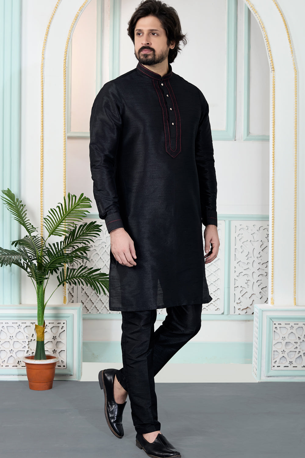 Black Art Silk Kurta Pajama (NMK-8853)