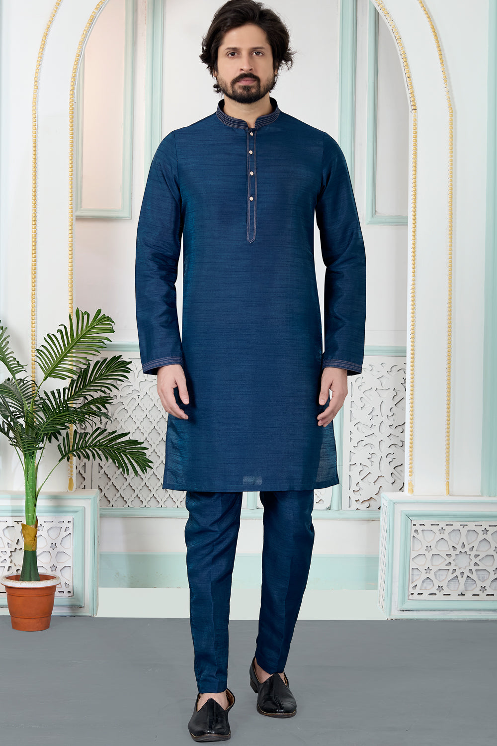 Blue Art Silk Mens Kurta Pajama (NMK-8859)